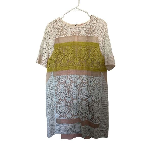 Rebecca Taylor Runway Patchwork Sheer-Inset Lace Silk Dress Sz 12 - Picture 4 of 10